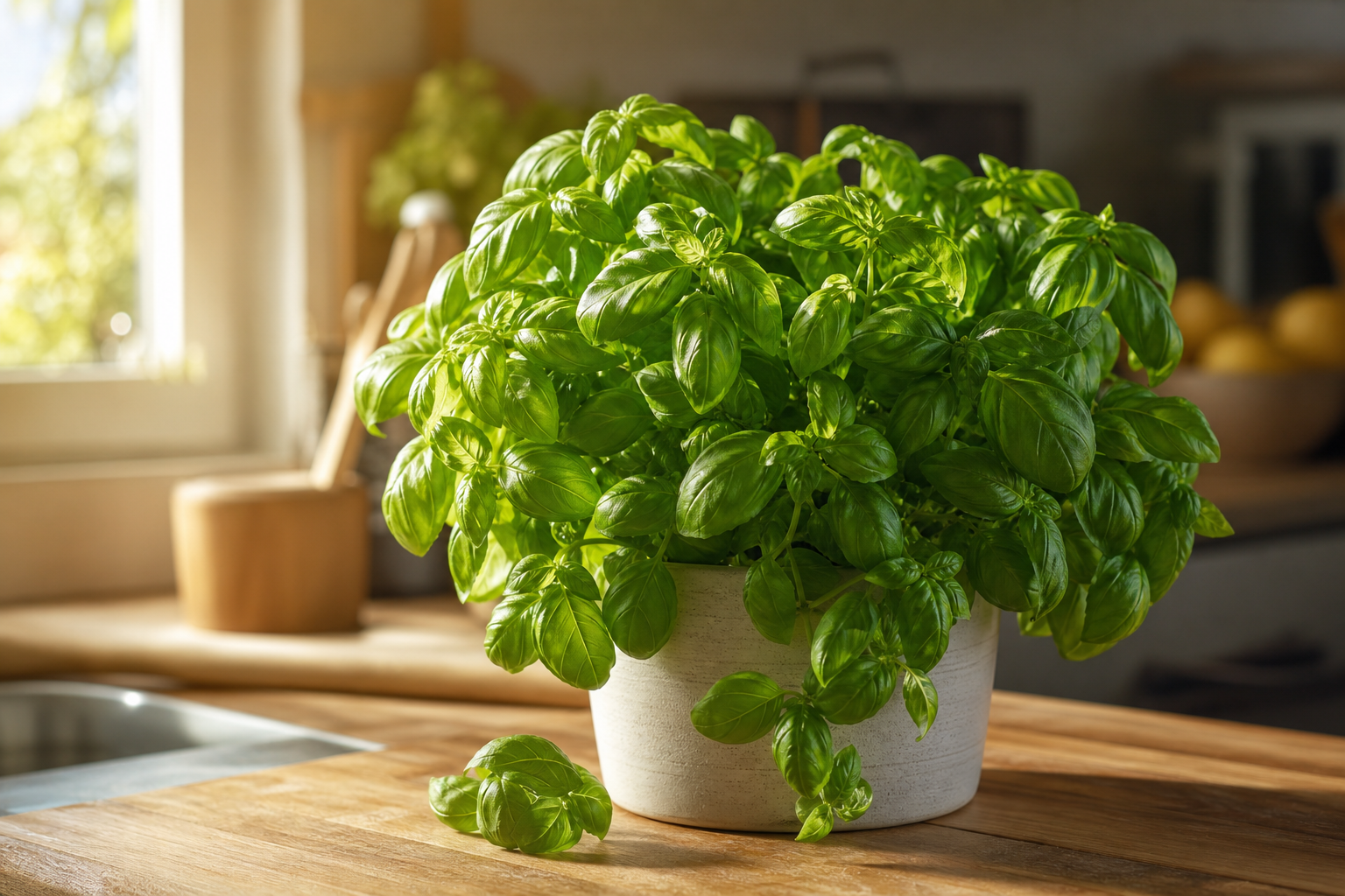 Pot de basilic frais et touffu posé près d’une fenêtre de cuisine lumineuse