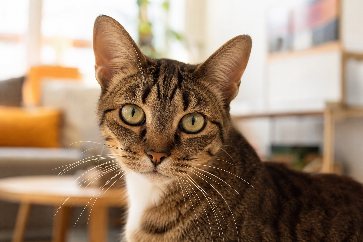 Chat domestique en train d’éternuer, gros plan sur le museau, intérieur lumineux