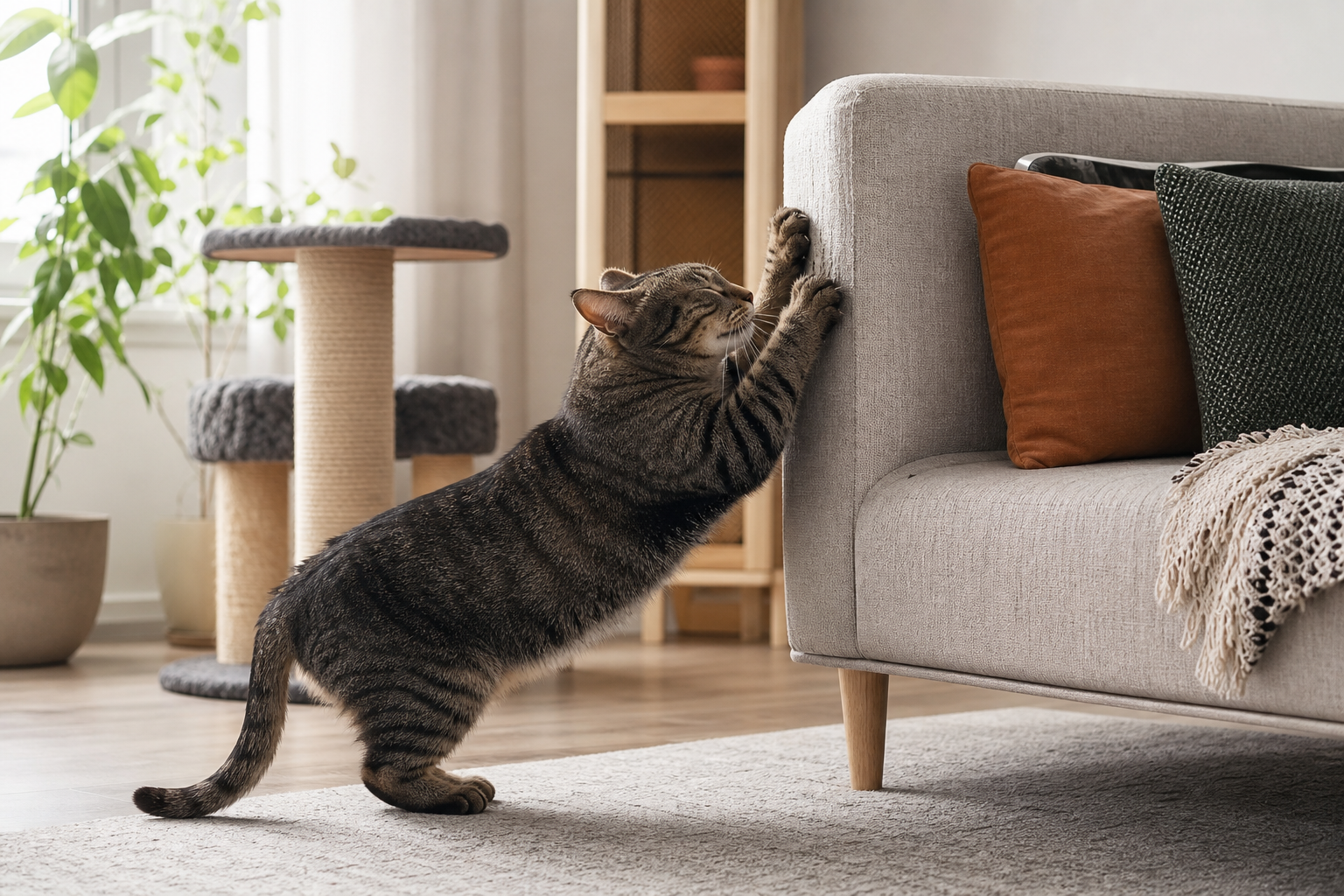 Chat griffant l’accoudoir en tissu d’un canapé, avec un griffoir en sisal visible à proximité