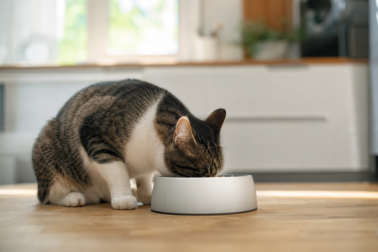 Chat mangeant rapidement dans une gamelle à reliefs anti-glouton, dans une cuisine lumineuse