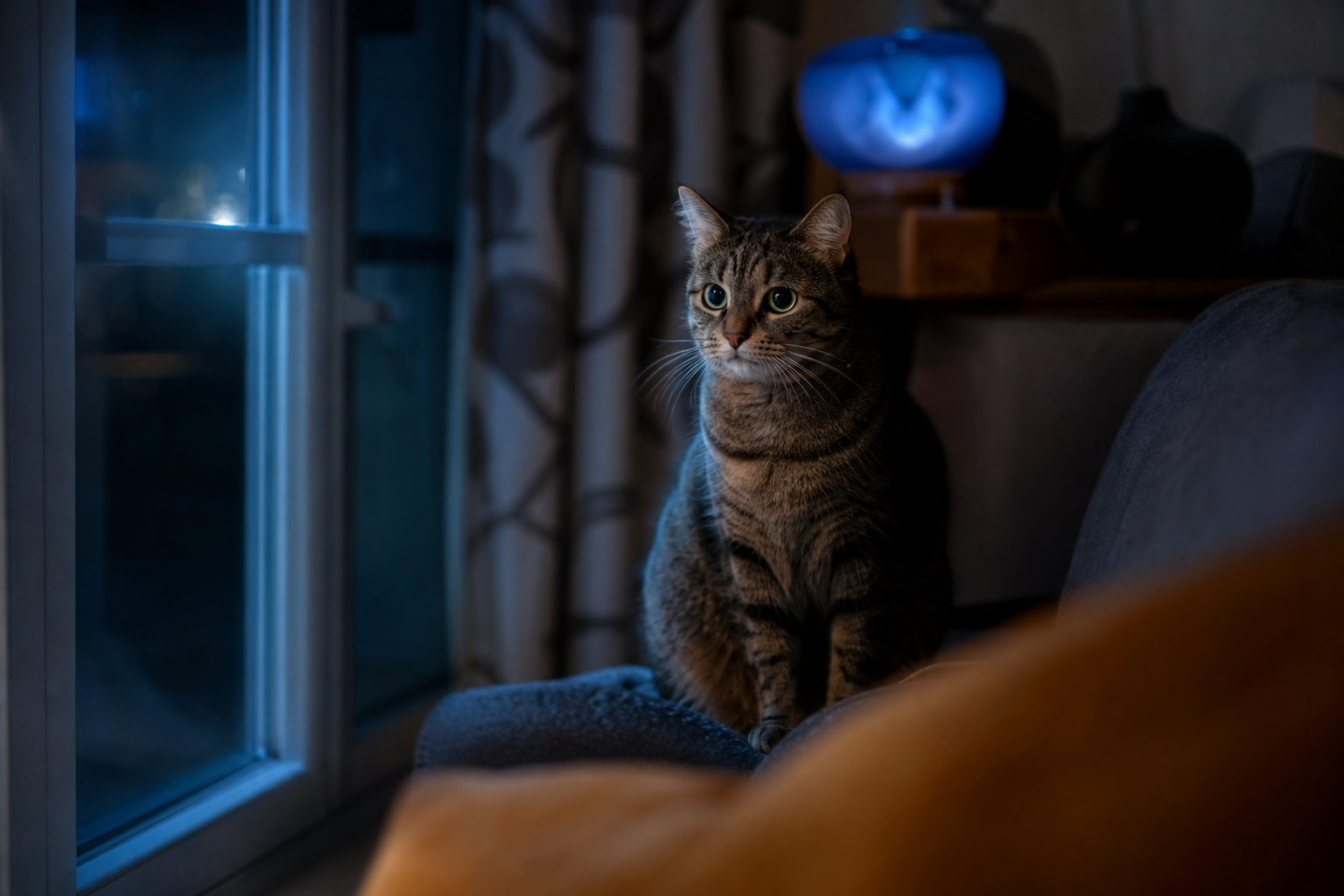 Chat éveillé et attentif dans la pénombre, la nuit, près d’une fenêtre