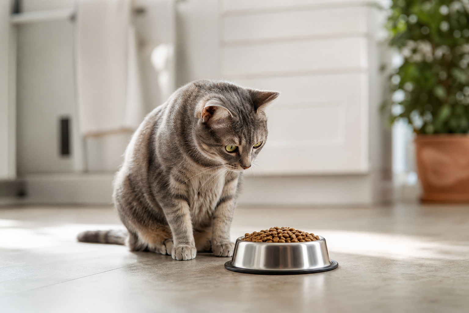 Chat assis devant une gamelle de croquettes, hésitant à manger, dans une cuisine lumineuse