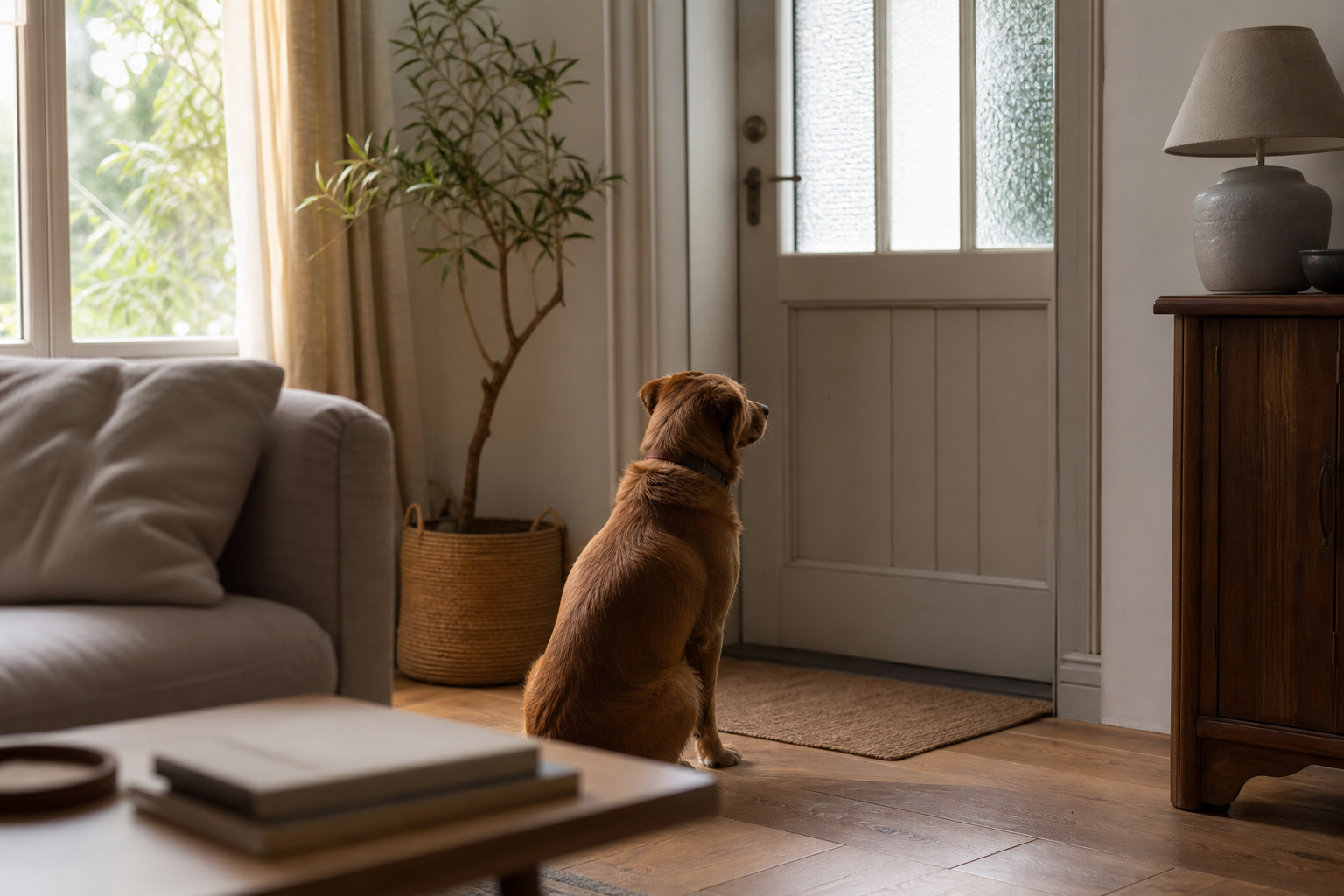 Chien seul dans un salon, assis face à la porte d’entrée, en attente du retour de son maître