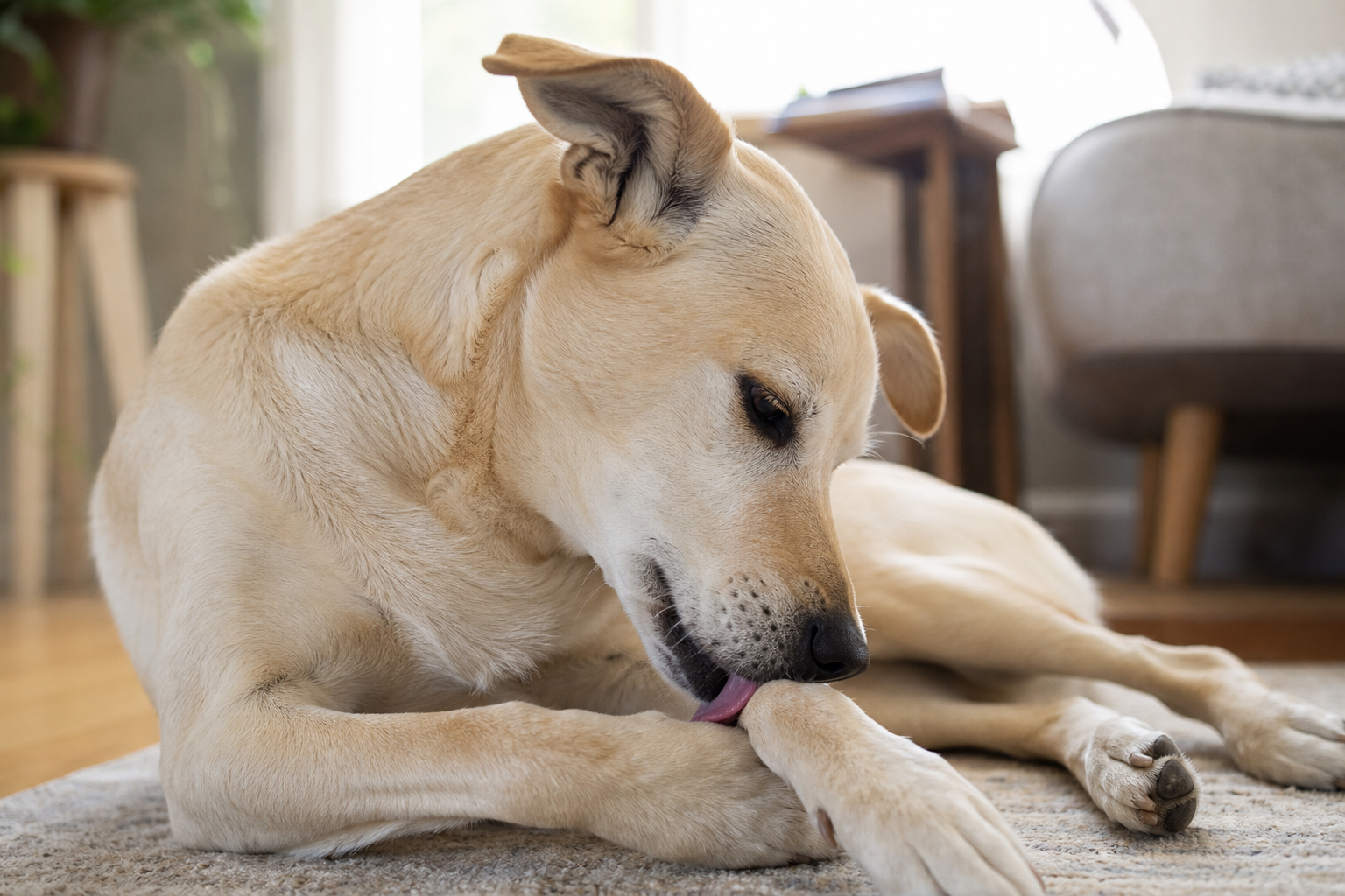 Chien léchant longuement l’une de ses pattes avant, allongé sur un tapis