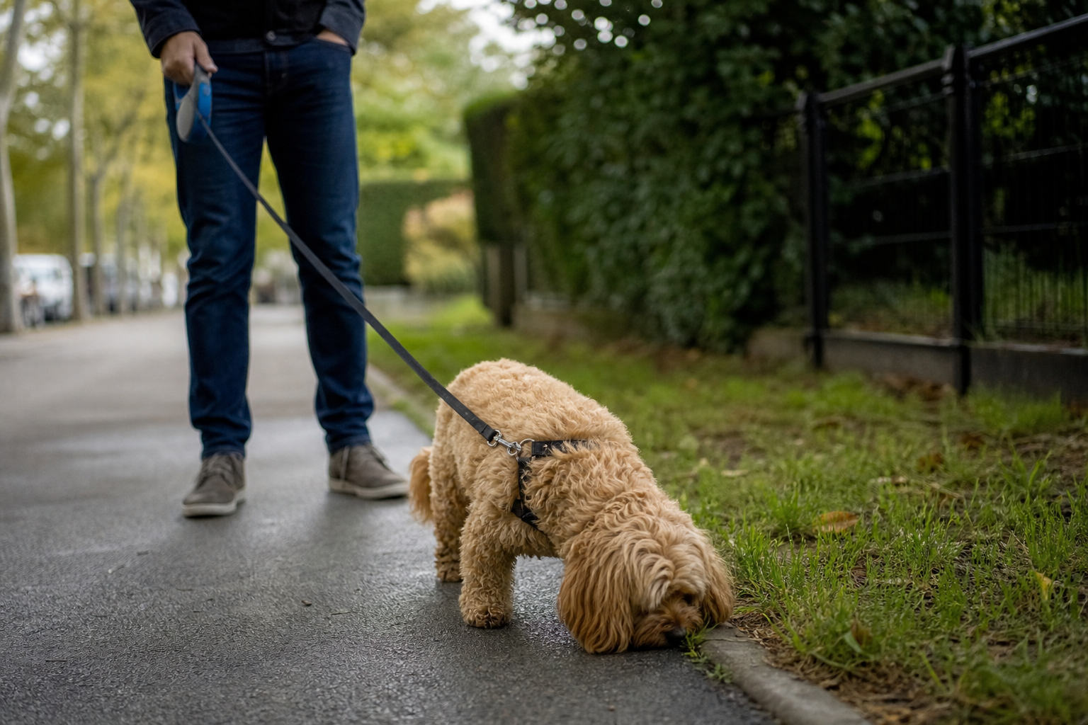Chien en laisse arrêté sur un trottoir, le nez collé au sol pour renifler pendant une promenade
