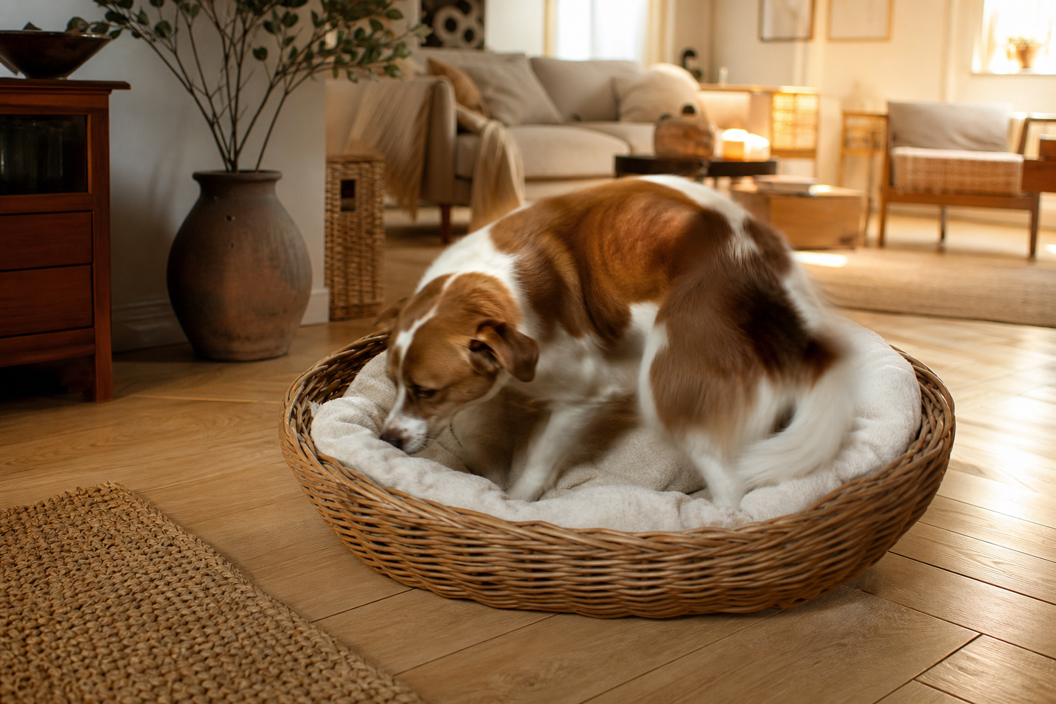 Chien tournant en rond dans son panier avant de se coucher