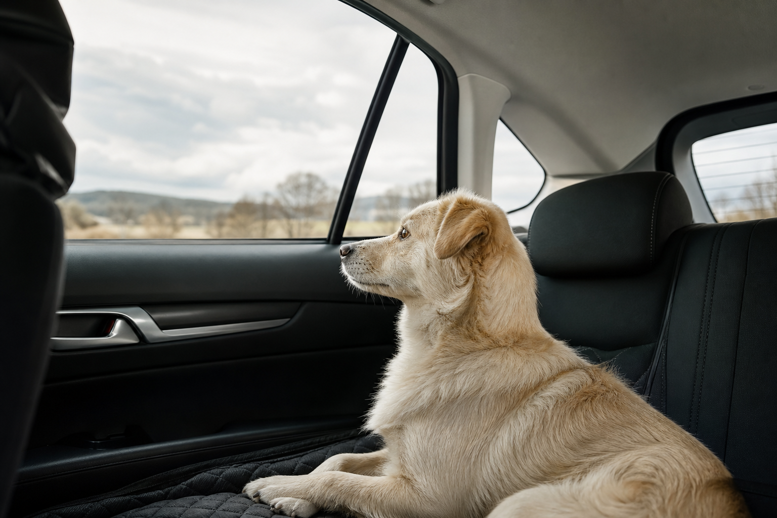 Chien calme installé à l’arrière d’une voiture, regardant la route