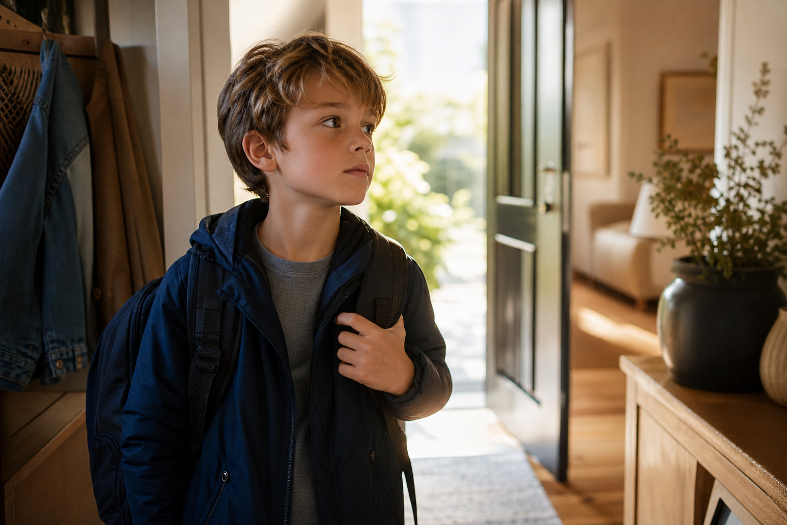 Enfant avec son cartable prêt à partir à l’école le matin