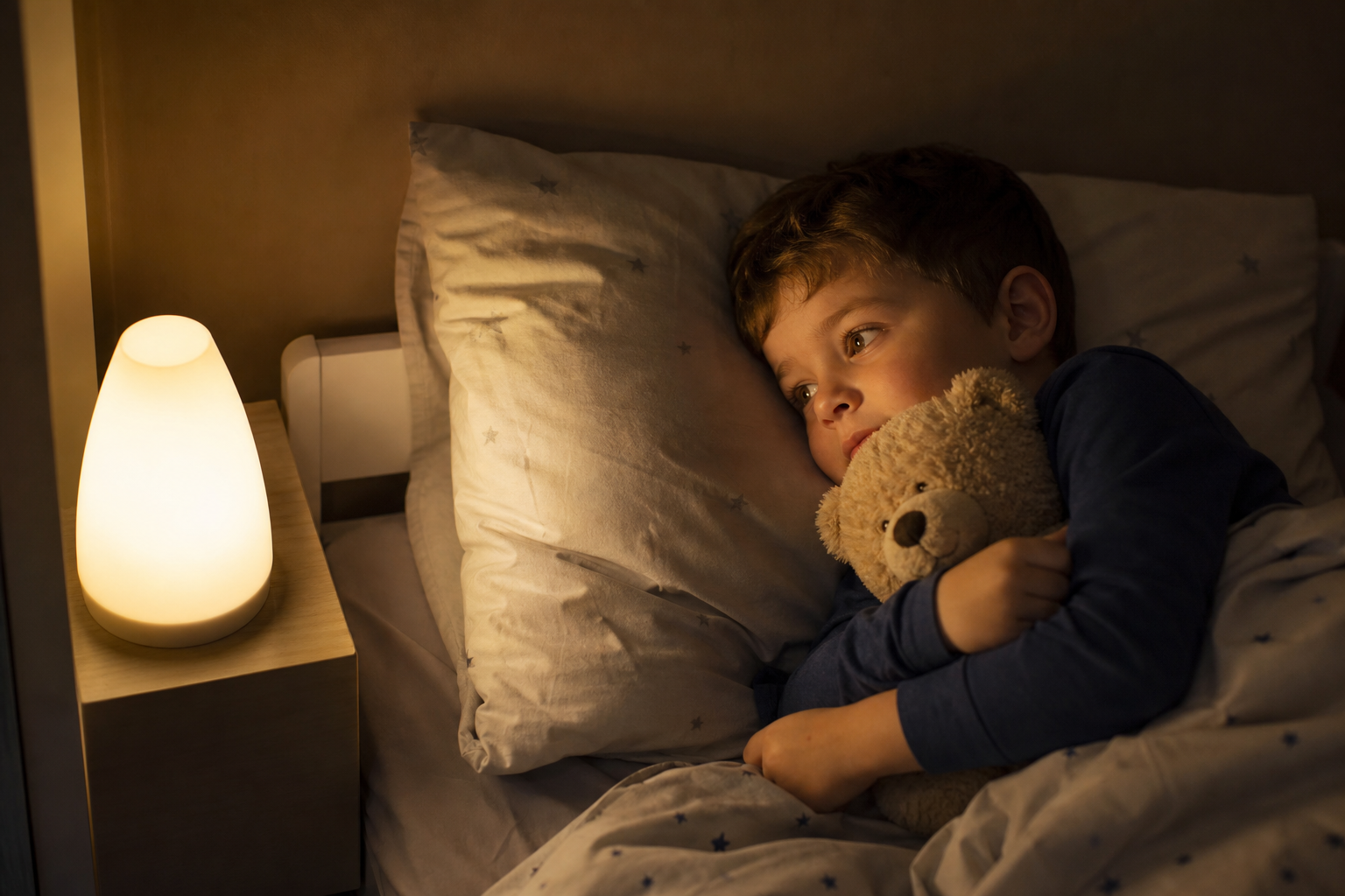 Enfant dans son lit la nuit, éclairé par une veilleuse douce, illustrant la peur du noir chez le jeune enfant