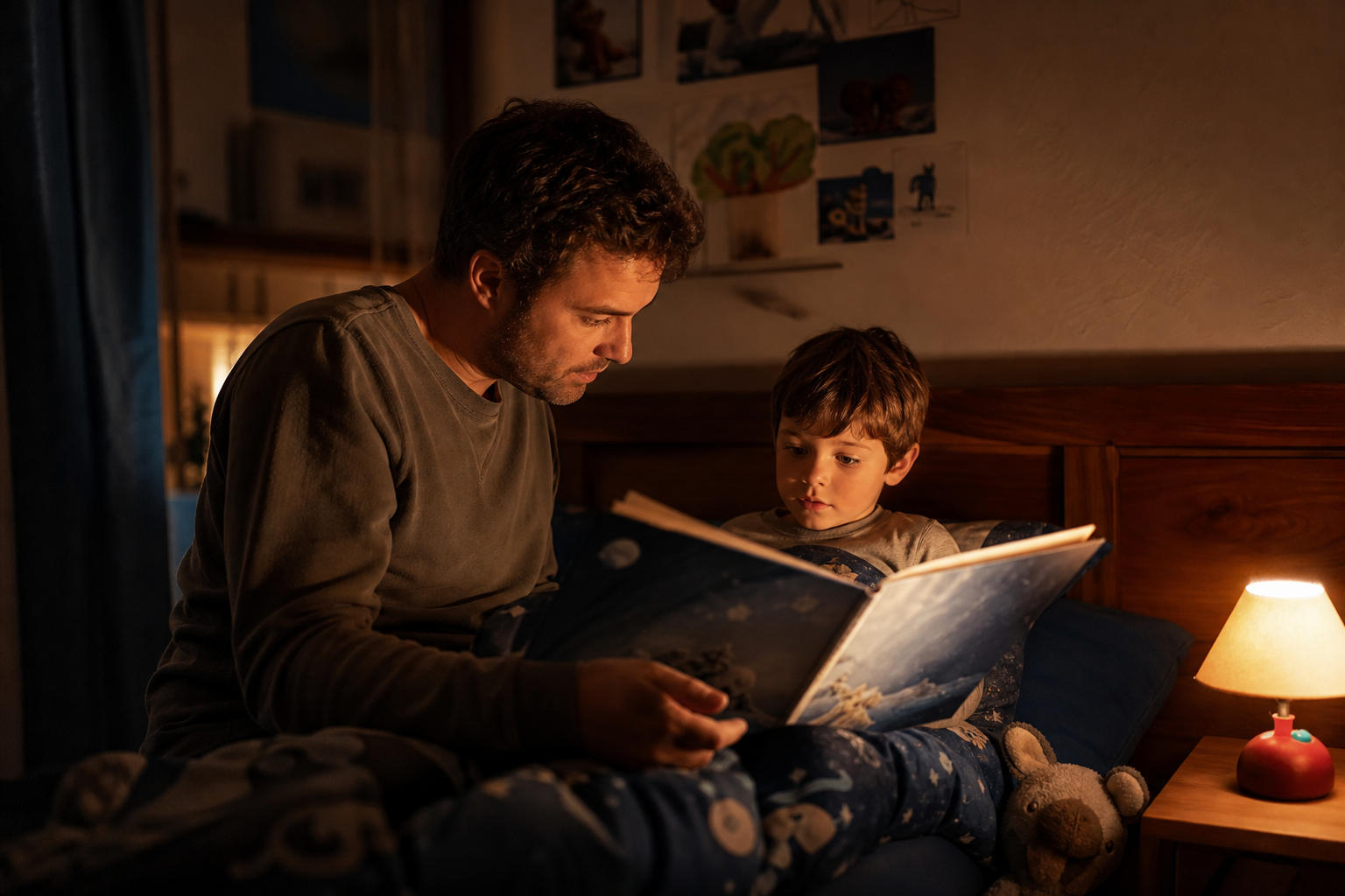 Parent lisant une histoire à un enfant dans son lit le soir, livre familier ouvert entre eux