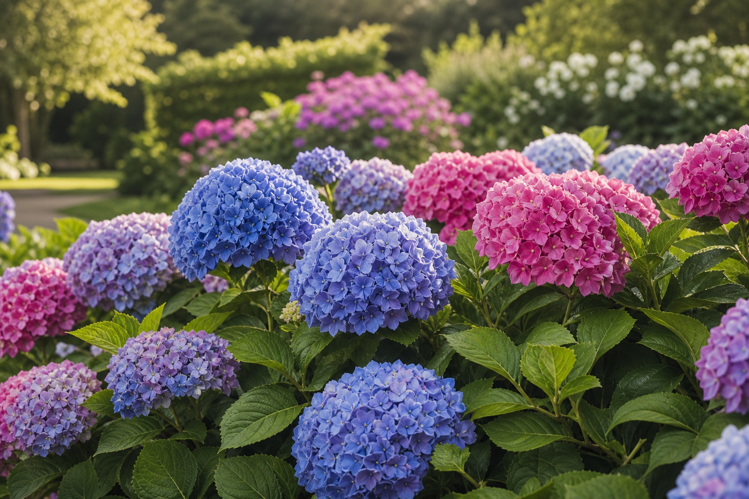 Hortensia en pleine floraison, grosses fleurs bleues et roses dans un jardin