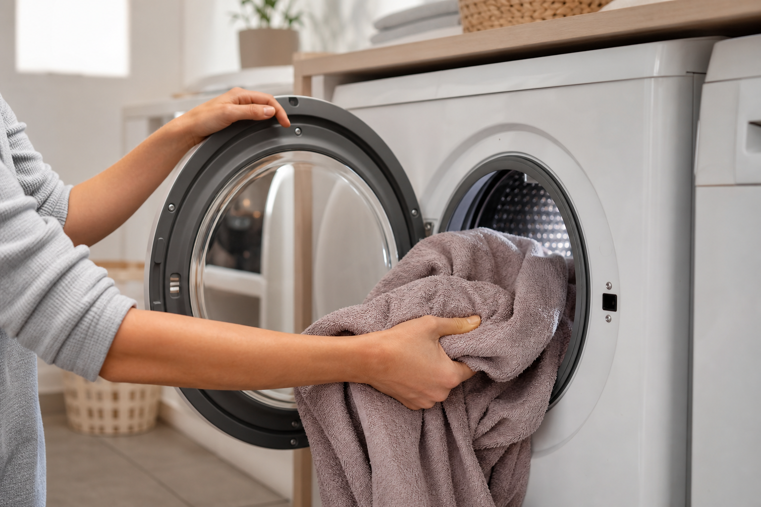 Linge encore humide sorti du tambour d’un sèche-linge en fin de cycle