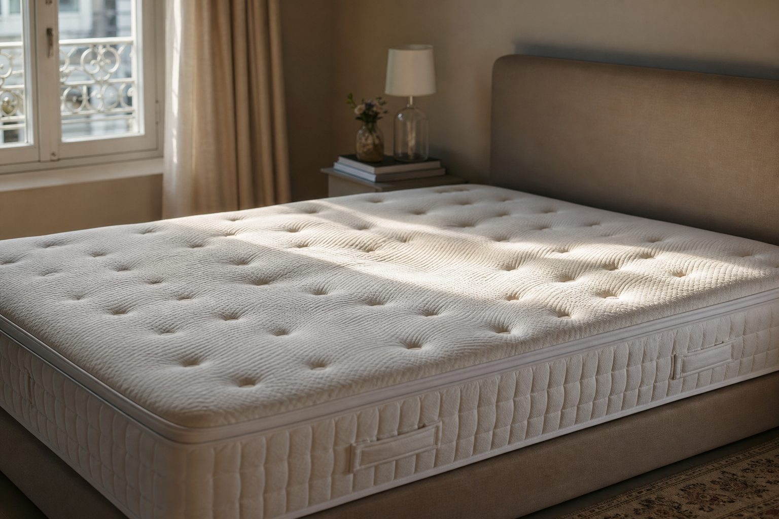 Matelas nu sur un sommier, dont le centre présente un léger creux visible en lumière rasante