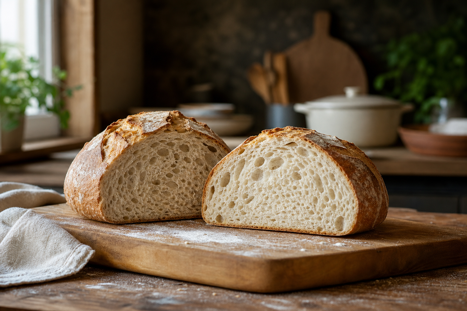 Miche de pain maison dorée, tranchée, montrant une mie alvéolée