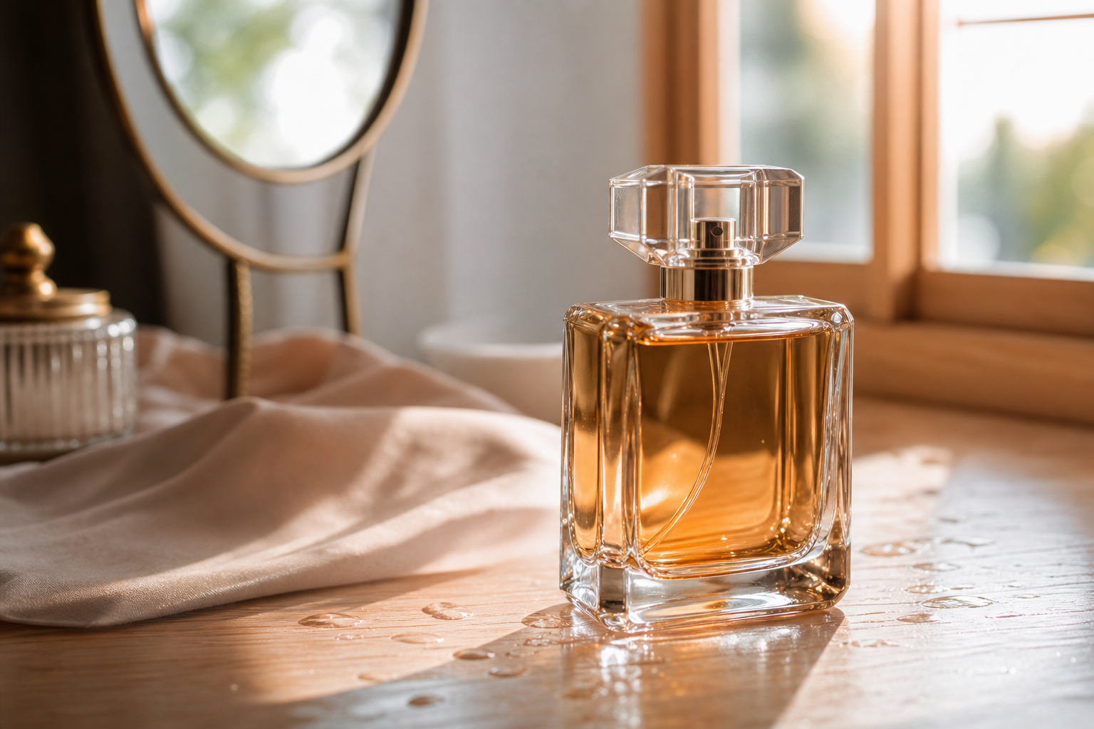 Un flacon de parfum posé près d’une fenêtre lumineuse, dans une ambiance douce et élégante.
