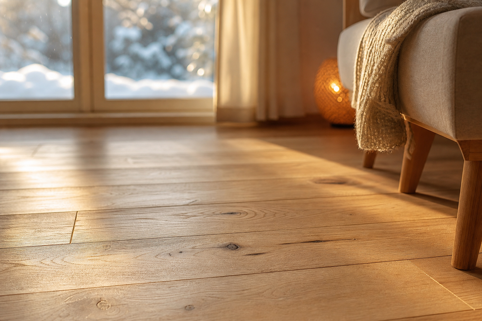 Gros plan sur des lames de parquet en bois dans un intérieur chauffé en hiver
