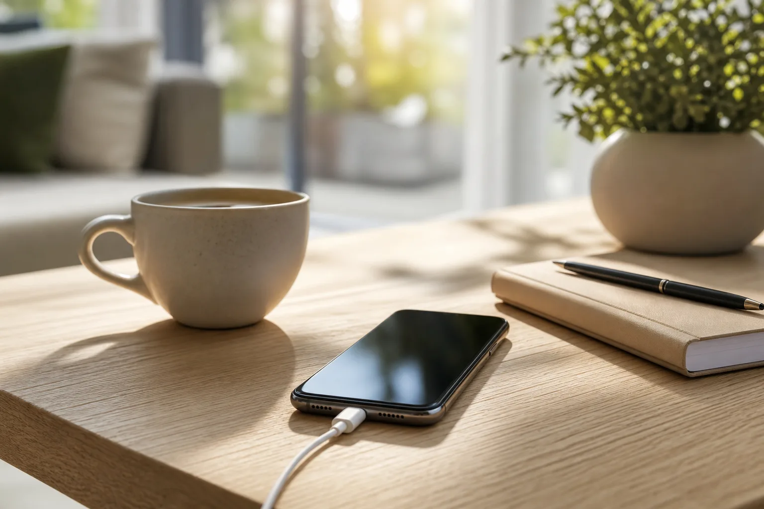 Smartphone posé à plat en charge sur une table en bois, câble branché, illustrant la chauffe pendant la recharge