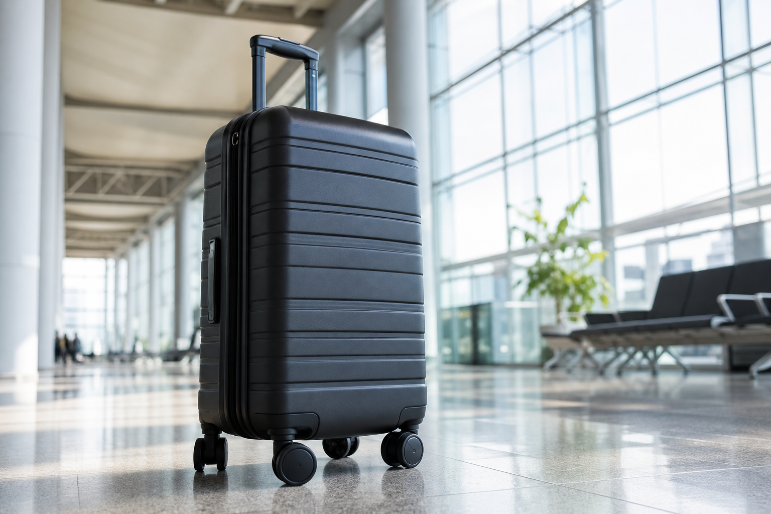 Valise à roulettes rigide posée au sol dans un hall d'aéroport