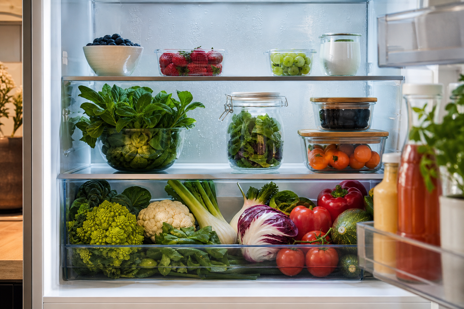 Intérieur d’un réfrigérateur ouvert au niveau du bac à légumes, paroi arrière humide
