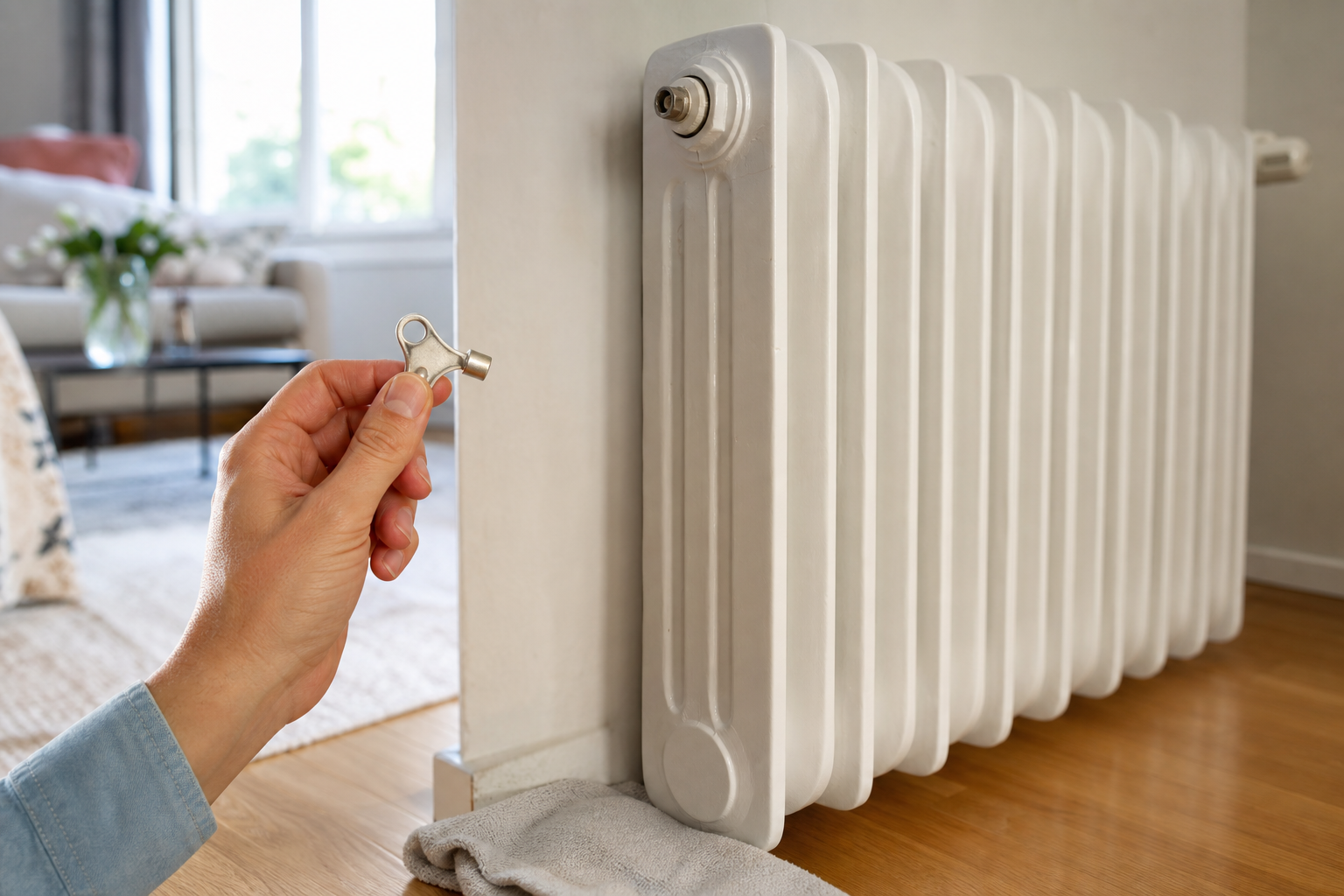 Main purgeant un radiateur avec une clé carrée, chiffon posé au sol pour récupérer l’eau
